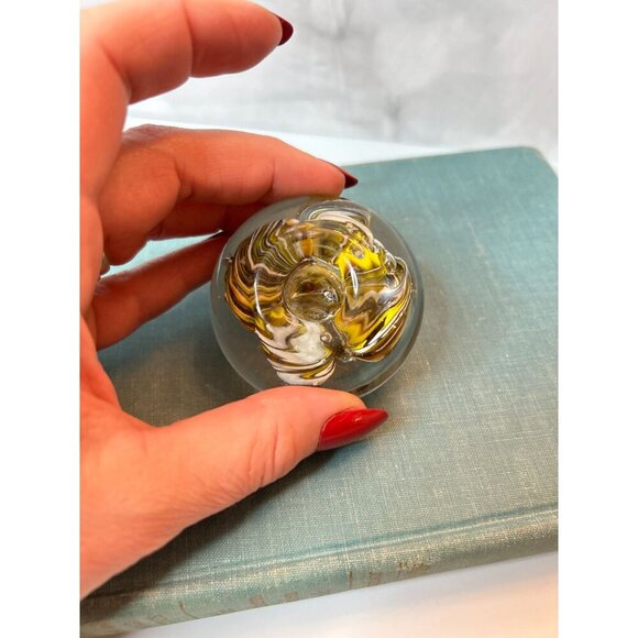 Vintage Paperweight Hand Blown Glass Hollow Center Small Art Glass Yellow Brown - Picture 4 of 6